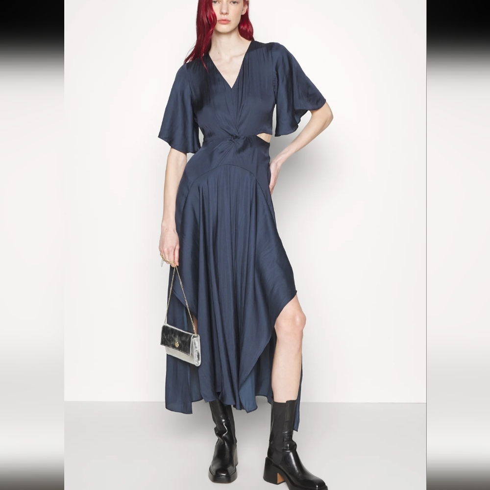 NWT $535 Maje Paris Reniline draped cut-out blue satin maxi dress XS / FR 34